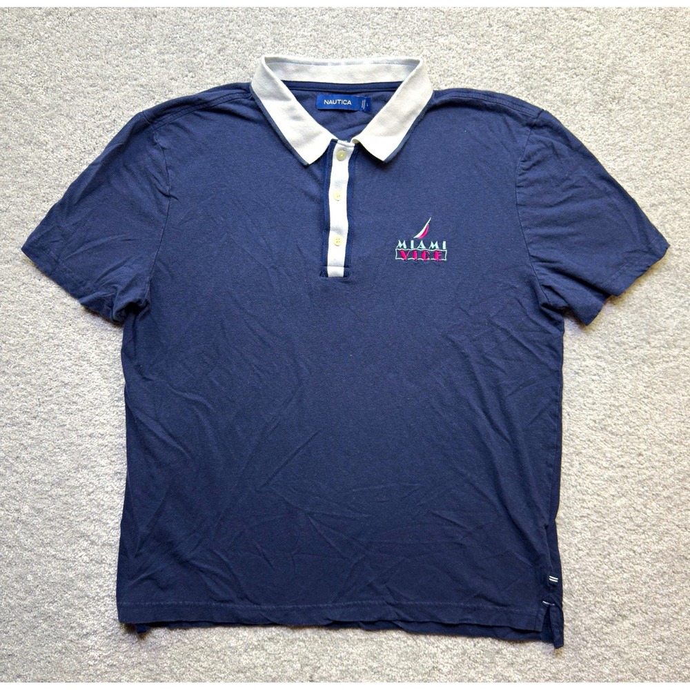 Nautica Miami Vice Polo Shirt Mens L Navy Blue Embroidered Linen Cotton